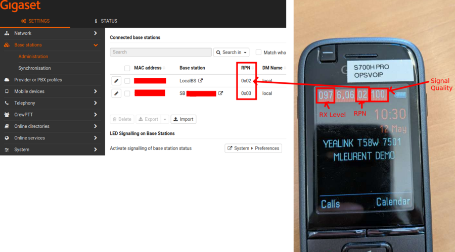 Metering Mode — handset display (left) and matching RPN in Gigaset web interface (right)